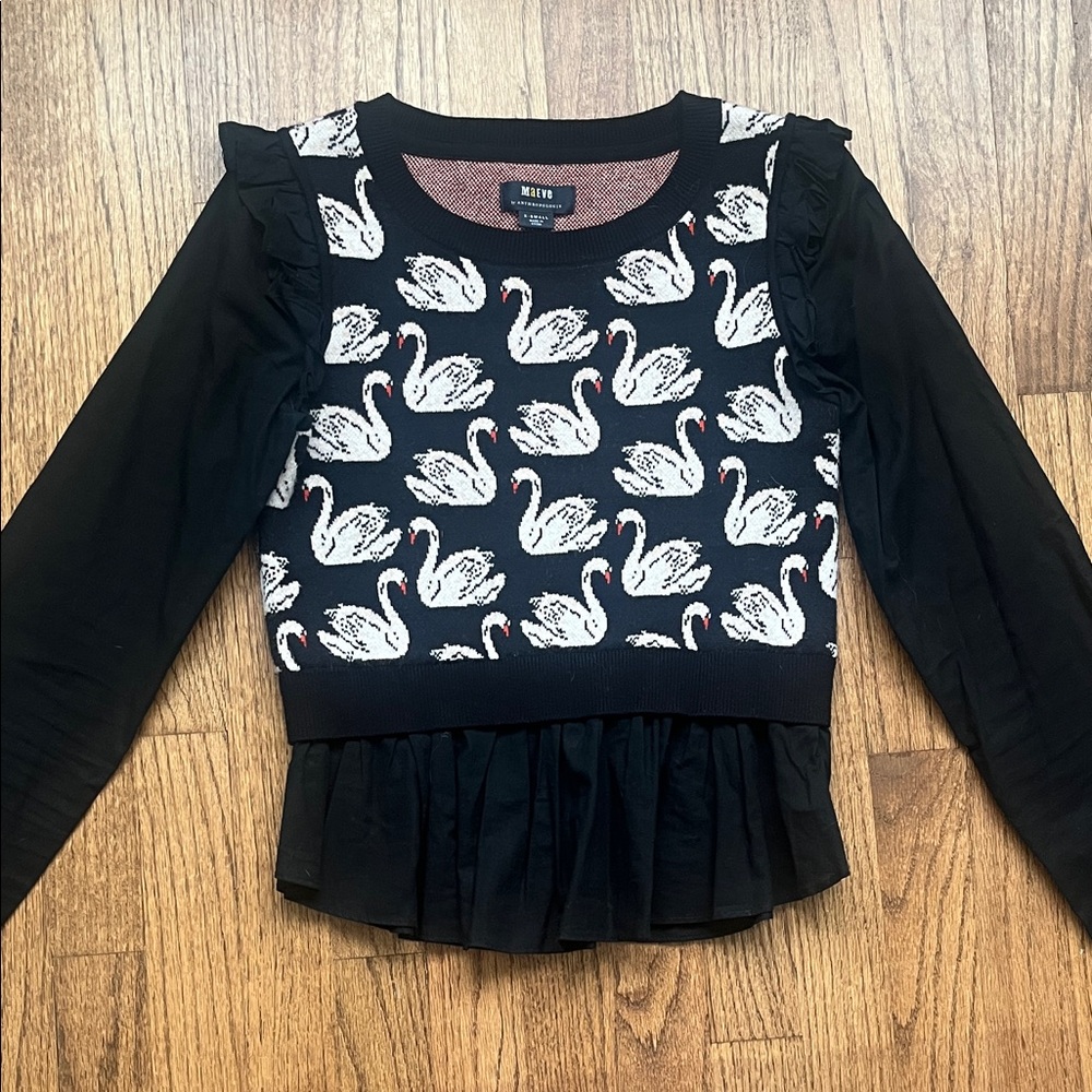 Maeve Black and White Swan Print sweater vest with under blouse.